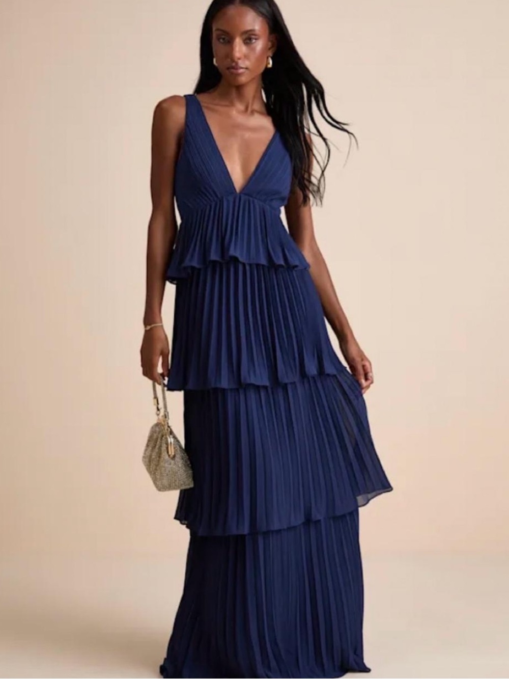 Lulu's Navy Tiered Pleated V-Neck Maxi Dress